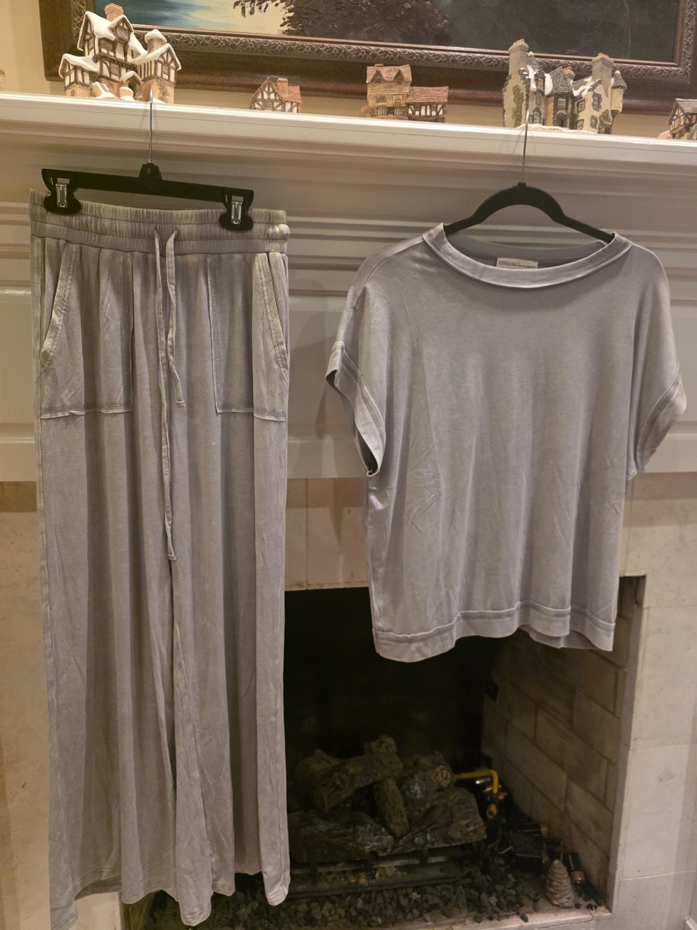 Zenana Outfitters Washed Gray Relaxed Short Sleeve Top & Wide Leg Lounge Pants